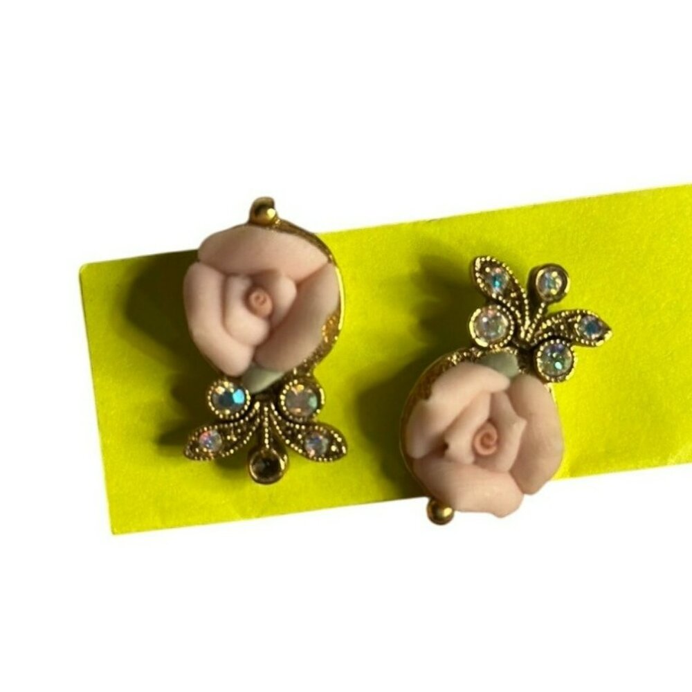 Vintage Pink Porcelain Rose & Rhinestone Drop Earrings – Gold Tone, Set of 2, 1"